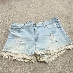 Light Blue Denim Shorts with Lace Trim